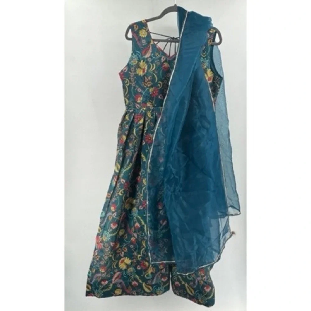 Indya Luxe NEW Teal Floral Foil Anarkali Maxi Dress XL Indian Wedding Party